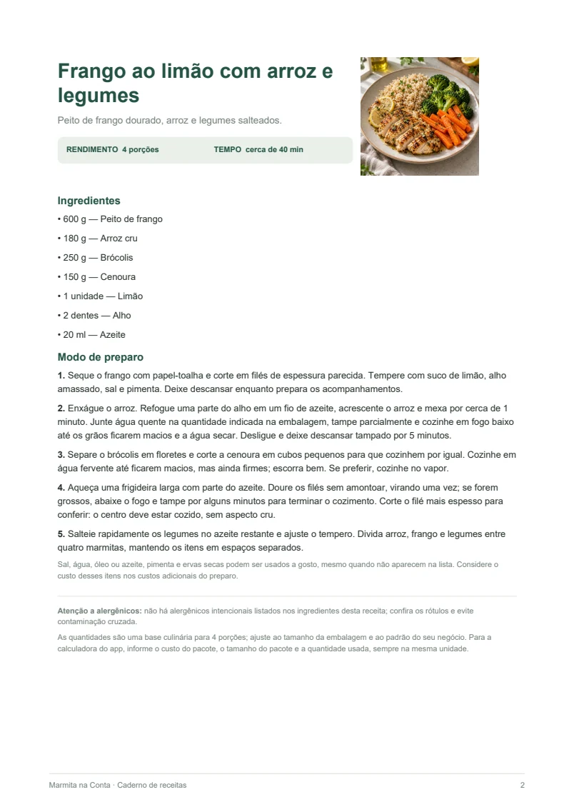 Prévia de uma ficha de receita em PDF com ingredientes e modo de preparo