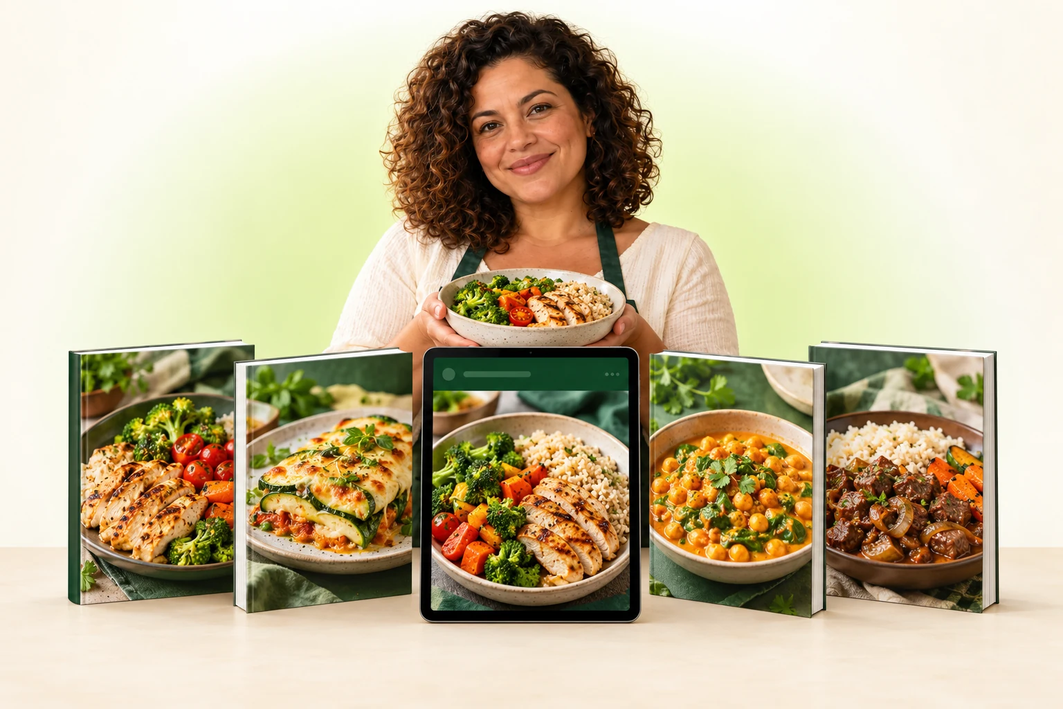 Coleção de receitas em quatro cadernos e um tablet com uma marmita pronta