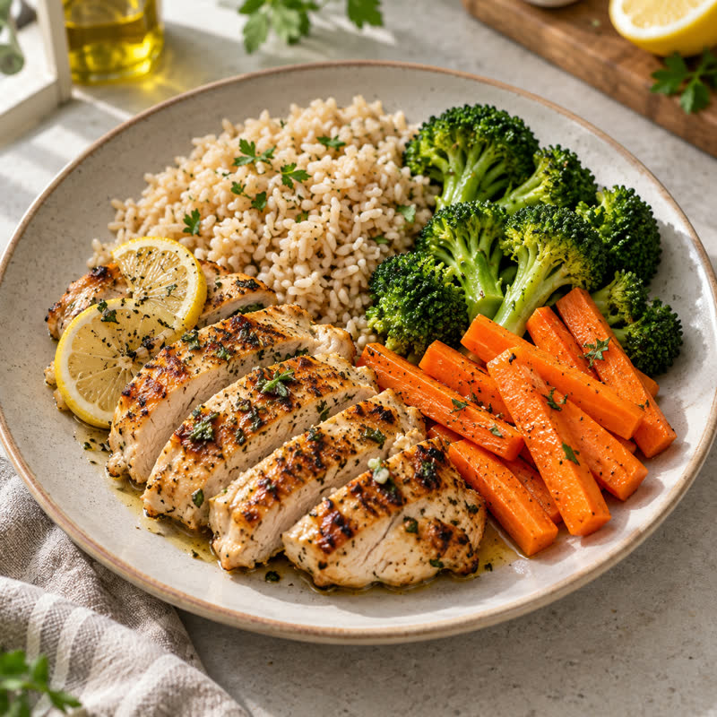 Frango ao limão com arroz e legumes