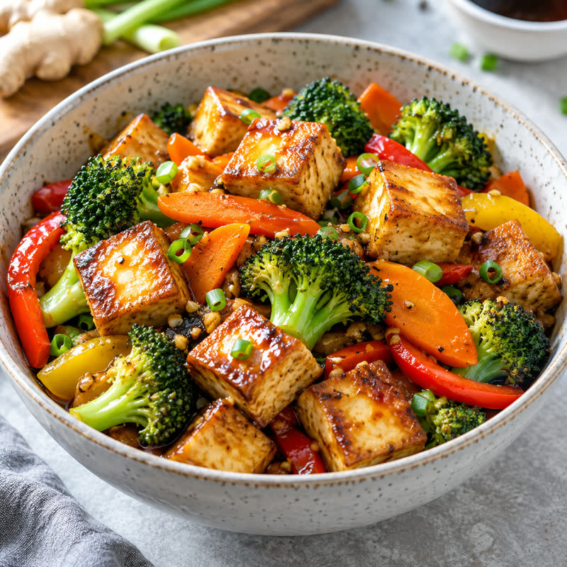 Tofu dourado com legumes